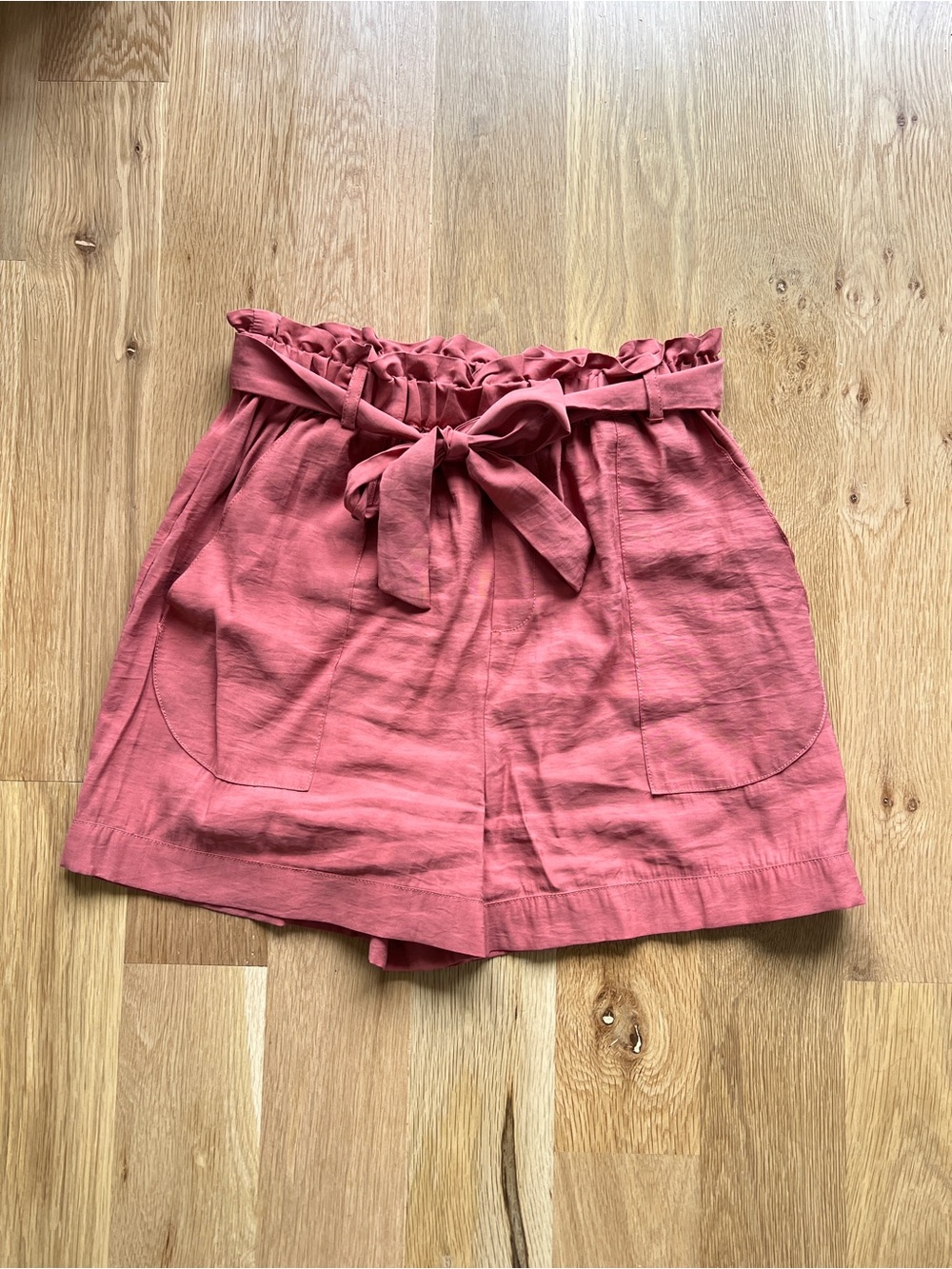 FRNCH High-Waist Tie Belt Paperbag Shorts in Dusty Rose
